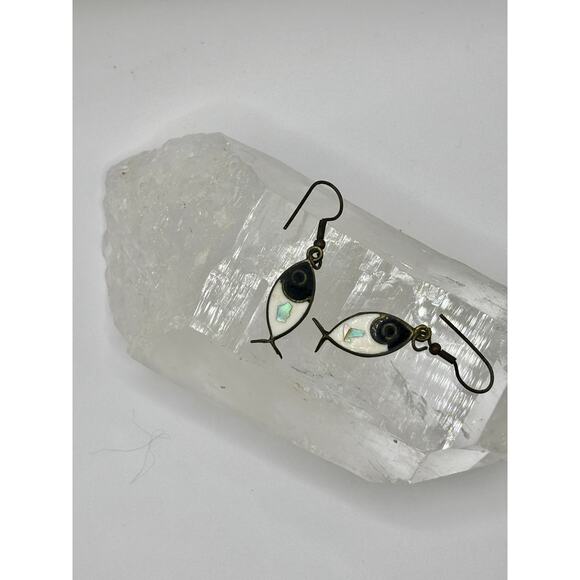 Inlay Fish Dangle Earrings - Enamel and Mother of Pearl - Picture 1 of 5
